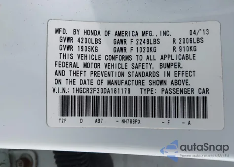 2013 Honda Accord Lx z USA, uszkodzony, nr VIN 1HGCR2F30DA181179